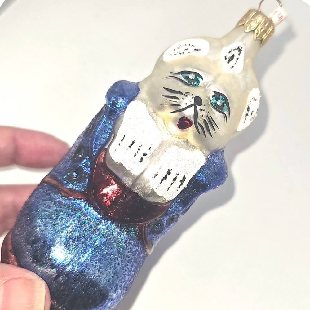 Vintage‎ Poland Glass Cat in Blue Glitter Boot Christmas Ornament Hand Painted